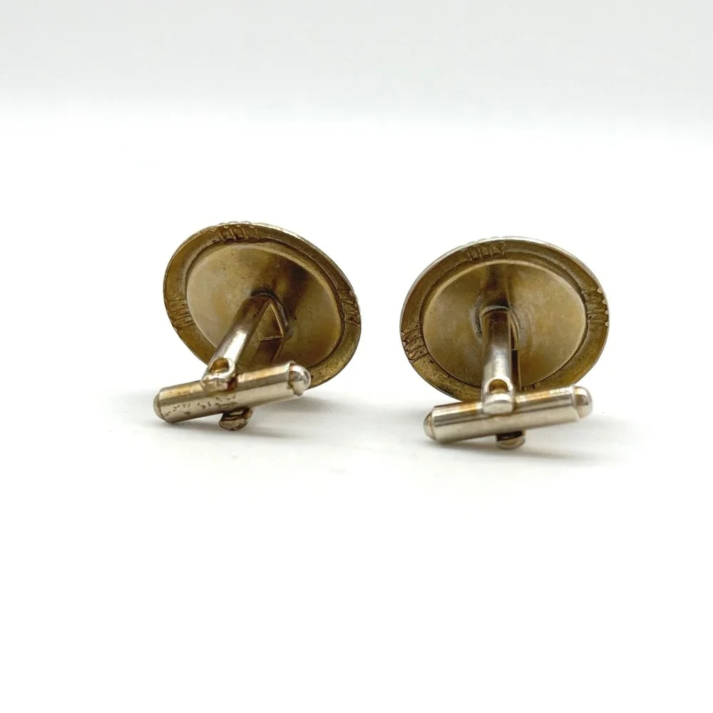 Vintage‎ Round Cufflinks Artistic Amber Purple Stone Metal Toggle Back Mens
